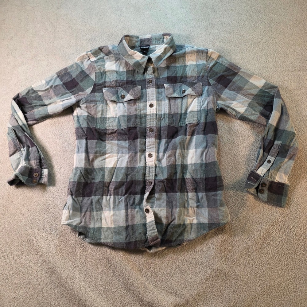 Patagonia Womens M Cotton Flannel Plaid Button Down Shirt Blue Green Fjord